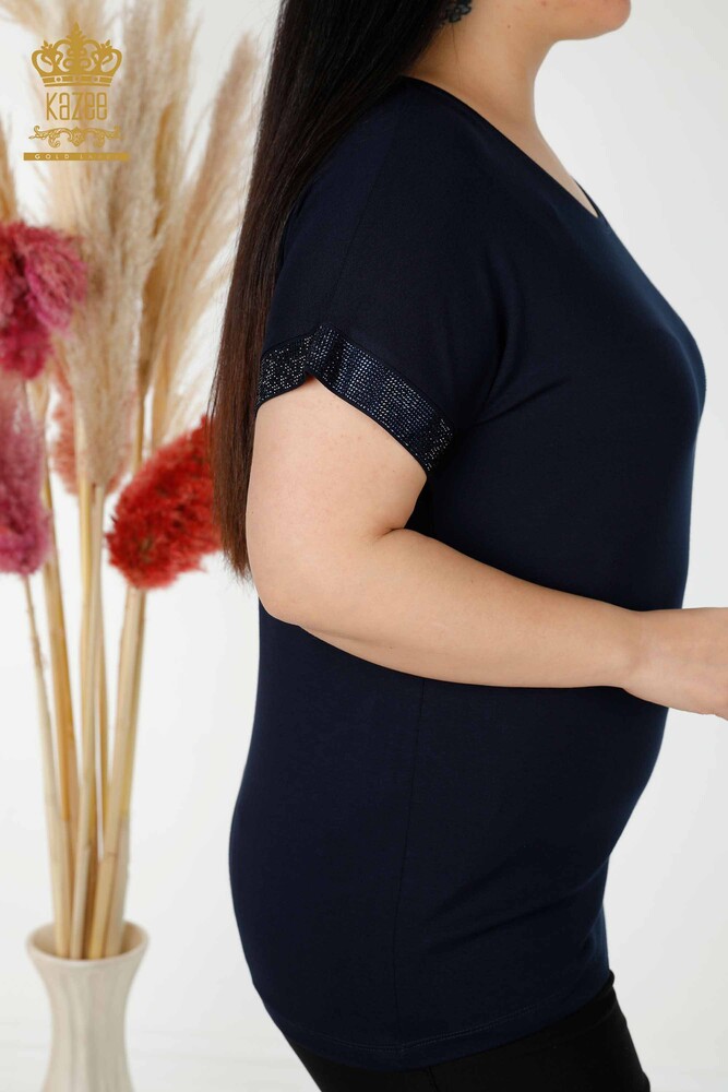 Wholesale Women's Blouse Stone Embroidered Navy Blue - 78918 | KAZEE - 5