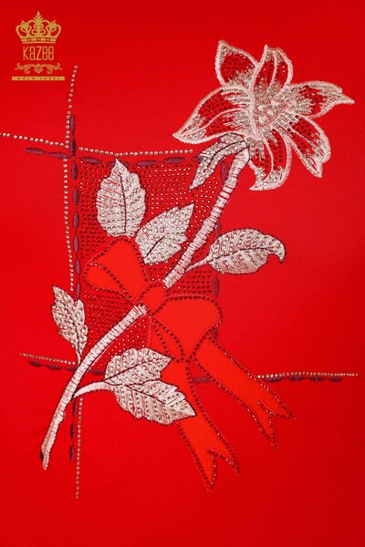 Wholesale Women's Blouse Stone Embroidered Red - 79011 | KAZEE - Thumbnail