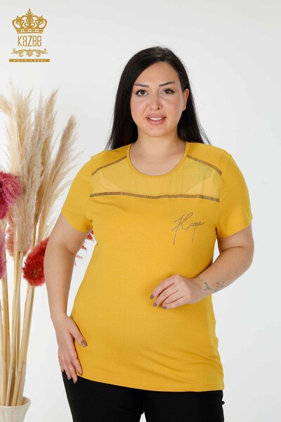 Wholesale Women's Blouse Tulle Detailed Saffron - 78996 | KAZEE - Thumbnail