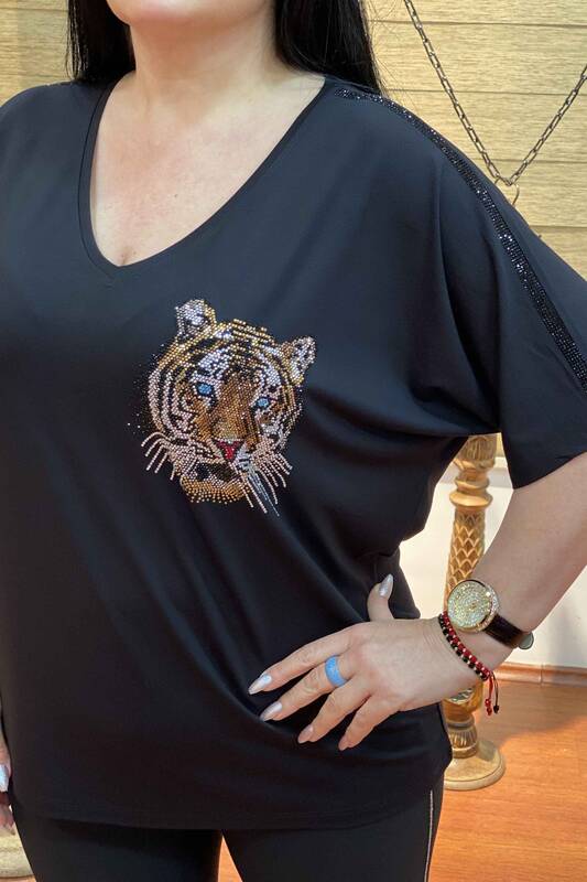 Wholesale Women's Blouse V Neck Tiger Detailed Crystal Stone Embroidered - 76577 | Kazee