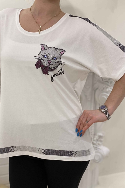 Wholesale Women's Blouse With Cat Print Detailed Stone - 77551 | Kazee - Thumbnail