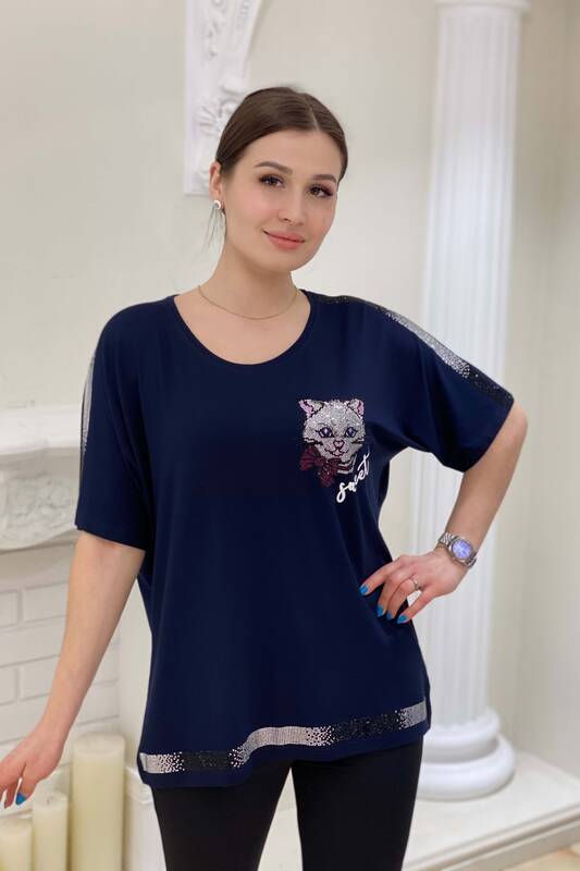 Wholesale Women's Blouse With Cat Print Detailed Stone - 77551 | Kazee