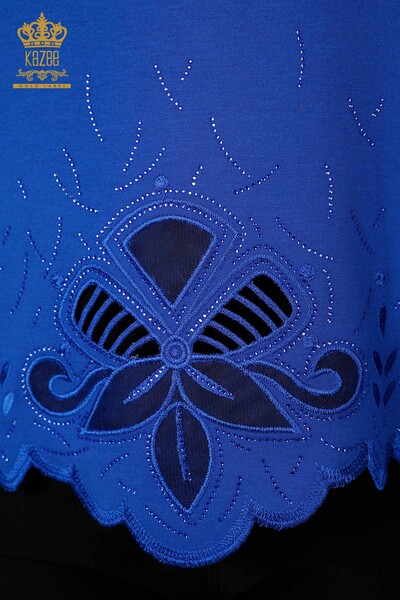 Wholesale Women's Blouse Stone Embroidered Tulle Detailed V Neck Beige - 77927 | KAZEE - Thumbnail