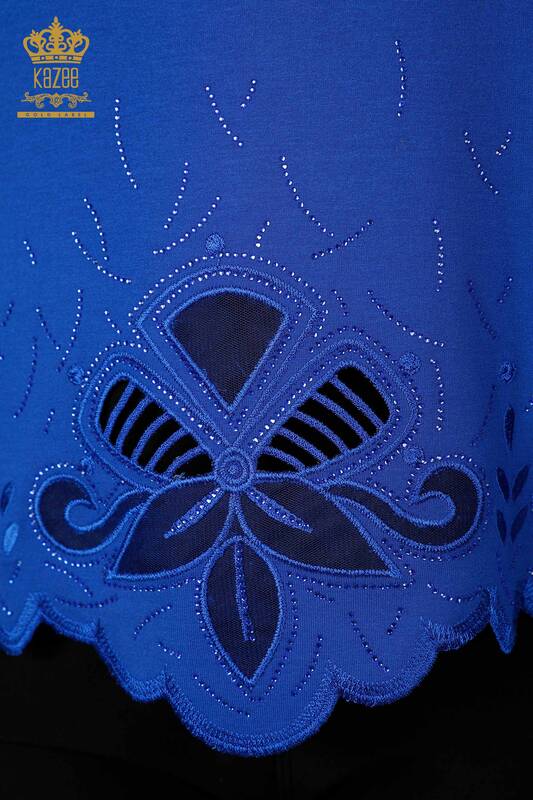 Wholesale Women's Blouse Stone Embroidered Tulle Detailed V Neck Beige - 77927 | KAZEE