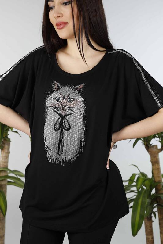 Wholesale Women's Clothing Combed Cotton Cat Patterned Stone Embroidered - 77537 | KAZEE