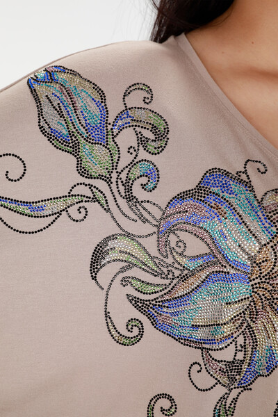 Wholesale Women's Combed Cotton Flower Embroidered Bat Sleeve - 78890 | KAZEE - Thumbnail (2)