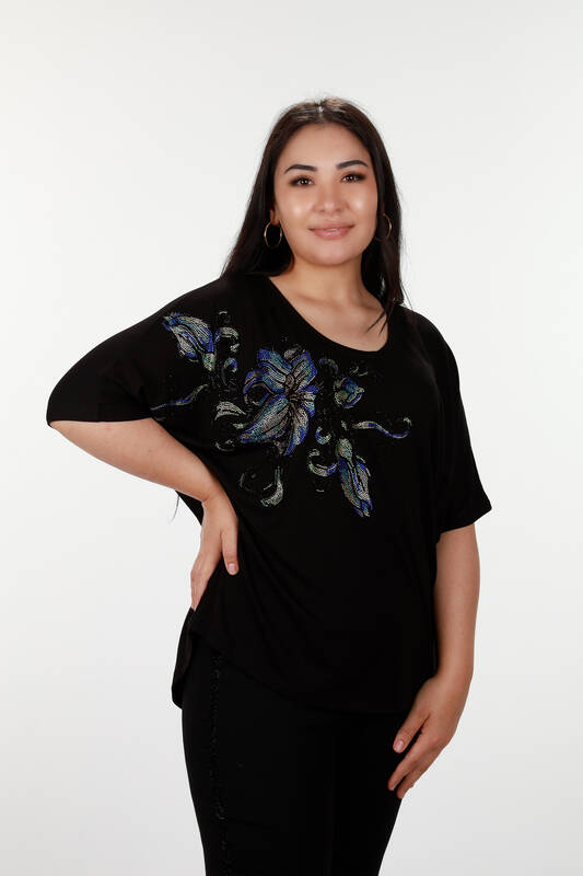 Wholesale Women's Combed Cotton Flower Embroidered Bat Sleeve - 78890 | KAZEE