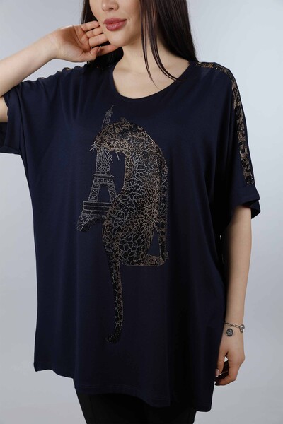 Wholesale Women's Combed Cotton Tiger and Leopard Embroidered Double Sleeve - 77646 | KAZEE - Thumbnail
