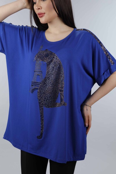 Wholesale Women's Combed Cotton Tiger and Leopard Embroidered Double Sleeve - 77646 | KAZEE - Thumbnail