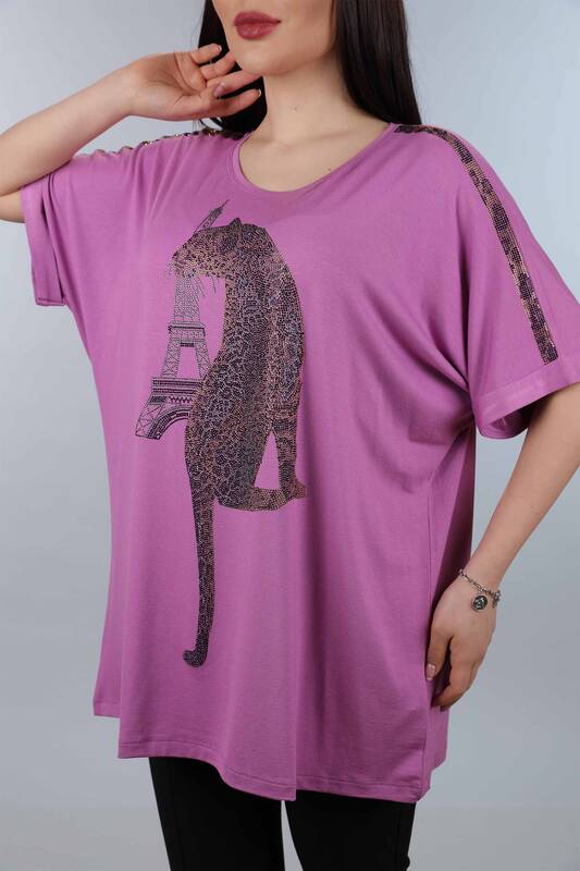 Wholesale Women's Combed Cotton Tiger and Leopard Embroidered Double Sleeve - 77646 | KAZEE