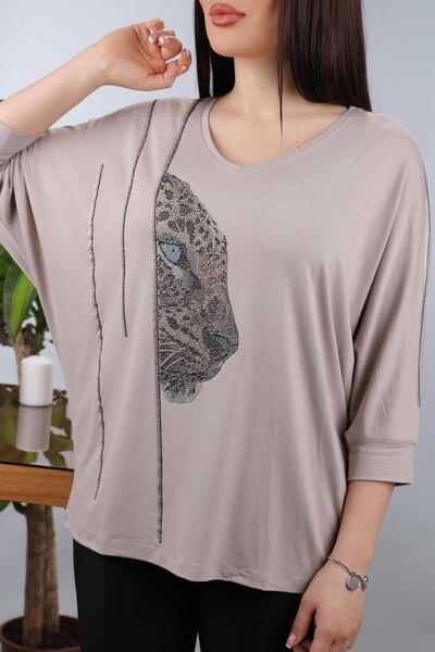 Wholesale Women's Combed Cotton Tiger Pattern Stone Embroidery - 77880 | KAZEE - Thumbnail
