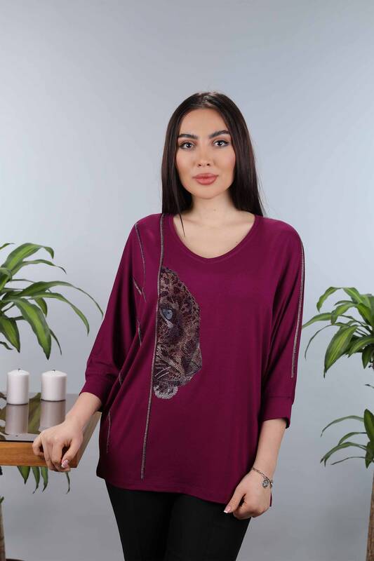 Wholesale Women's Combed Cotton Tiger Pattern Stone Embroidery - 77880 | KAZEE