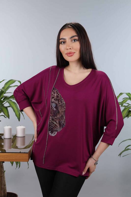 Wholesale Women's Combed Cotton Tiger Pattern Stone Embroidery - 77880 | KAZEE