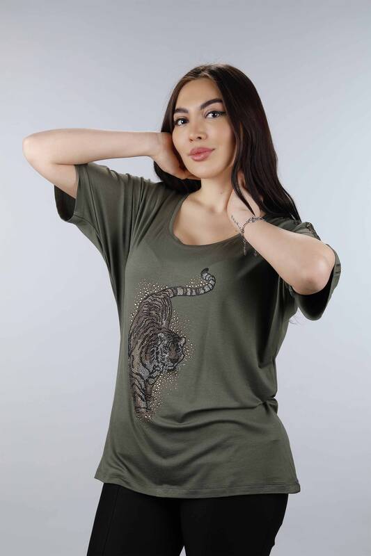 Wholesale Women's Combed Cotton Tiger Pattern Stone Embroidery - 77650 | KAZEE