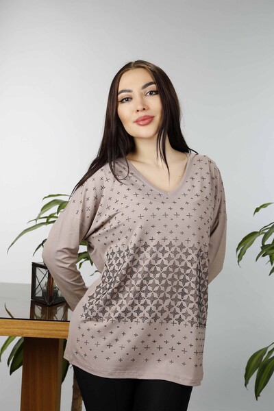 Kazee - Wholesale Women's Combed Cotton V-Neck Patterned New Season Plus Size - 77937 | KAZEE
