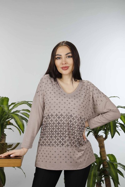 Kazee - Wholesale Women's Combed Cotton V-Neck Patterned New Season Plus Size - 77937 | KAZEE (1)
