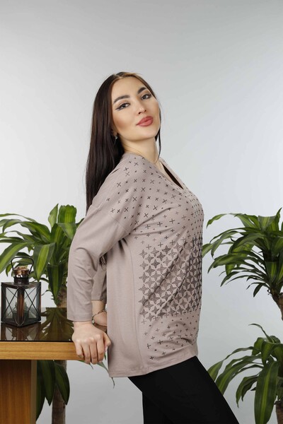 Wholesale Women's Combed Cotton V-Neck Patterned New Season Plus Size - 77937 | KAZEE - Thumbnail (2)