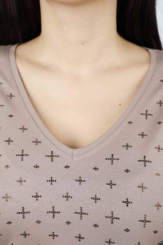 Wholesale Women's Combed Cotton V-Neck Patterned New Season Plus Size - 77937 | KAZEE