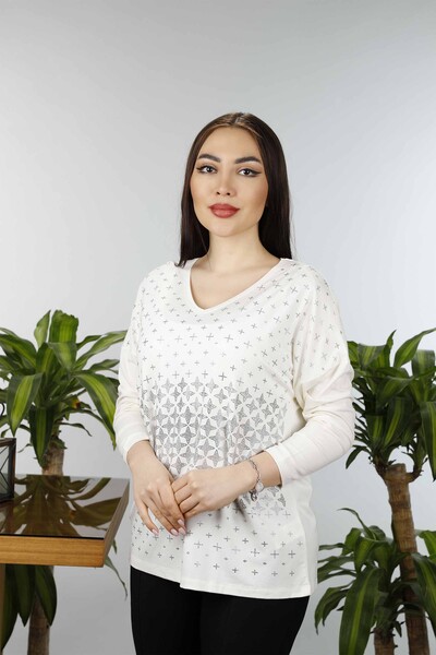 Wholesale Women's Combed Cotton V-Neck Patterned New Season Plus Size - 77937 | KAZEE - Thumbnail