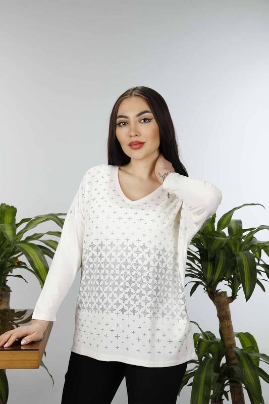 Wholesale Women's Combed Cotton V-Neck Patterned New Season Plus Size - 77937 | KAZEE
