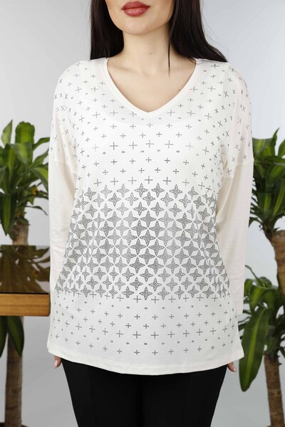 Wholesale Women's Combed Cotton V-Neck Patterned New Season Plus Size - 77937 | KAZEE - Thumbnail