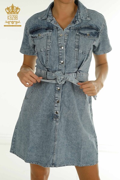 Wholesale Women's Denim Dress with Pockets Light Blue - 2409-23042 | W - Thumbnail