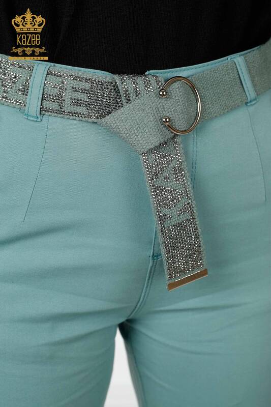 Wholesale Women's Denim Pants With Belt Pocket Mint - 3498 | KAZEE