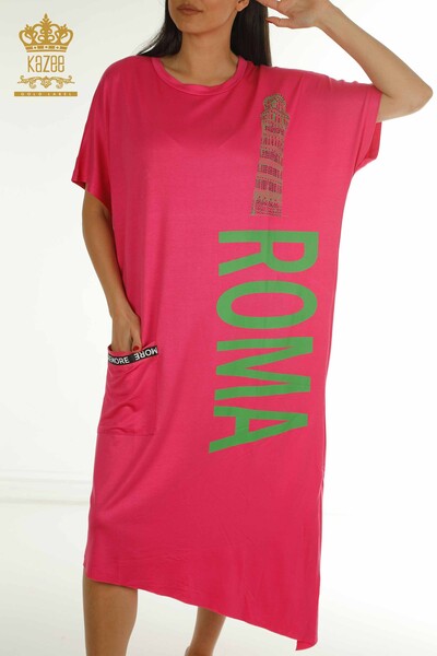 Wholesale Women's Dress Fuchsia with Text Detail - 2402-231046 | S&M - Thumbnail