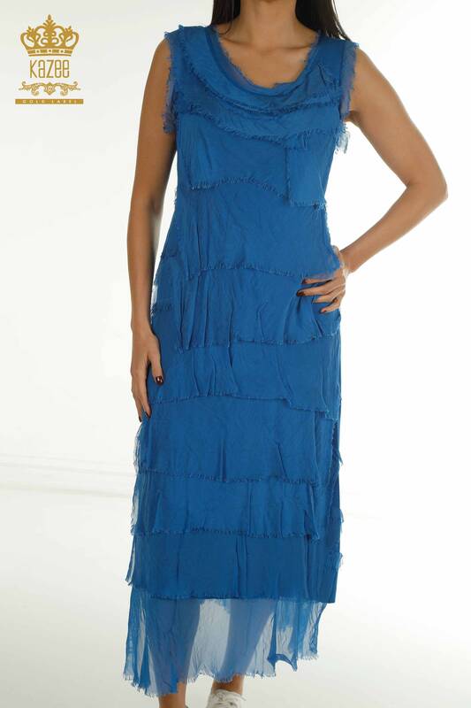 Wholesale Women's Dress Zero Sleeve İndigo - 2404-4444 | D