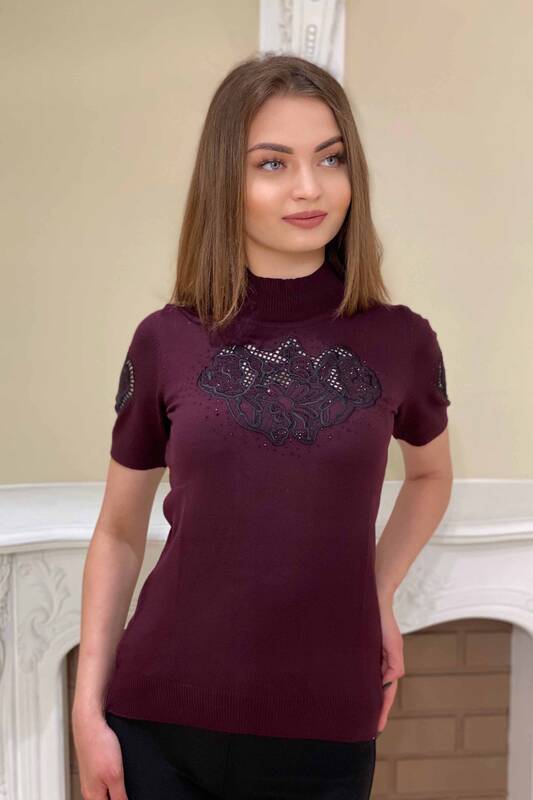 Wholesale Women's Knitwear Standing Collar Stone Embroidered -15631 | Kazee