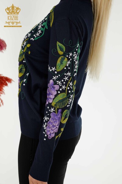 Wholesale Women's Knitwear Sweater Colorful Flower Embroidered Navy Blue - 16934 | KAZEE - Thumbnail