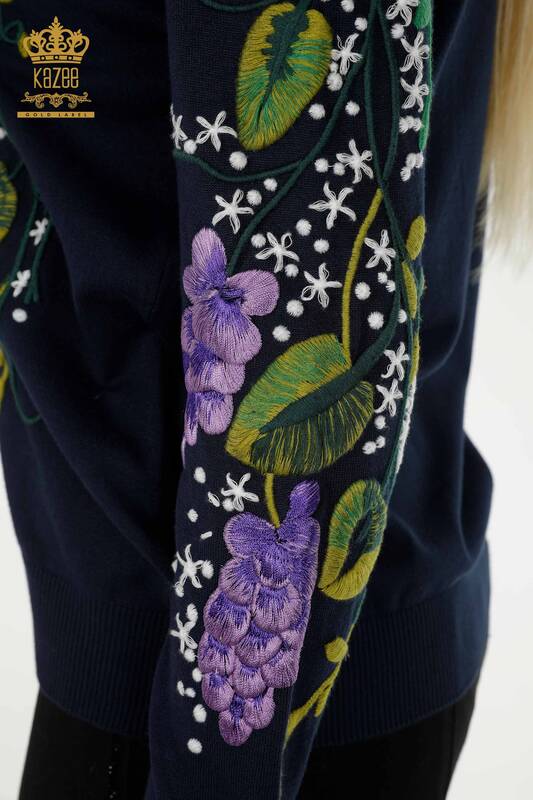 Wholesale Women's Knitwear Sweater Colorful Flower Embroidered Navy Blue - 16934 | KAZEE