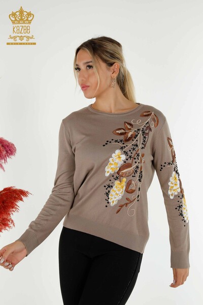 Wholesale Women's Knitwear Sweater Colorful Floral Embroidered Mink - 16934 | KAZEE - Thumbnail