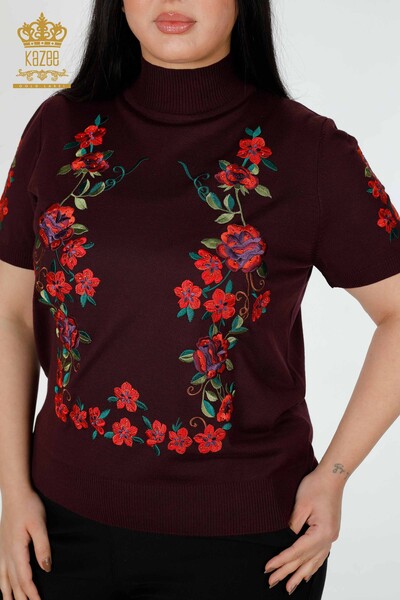 Wholesale Women's Knitwear Sweater Floral Patterned Plum - 15876 | KAZEE - Thumbnail