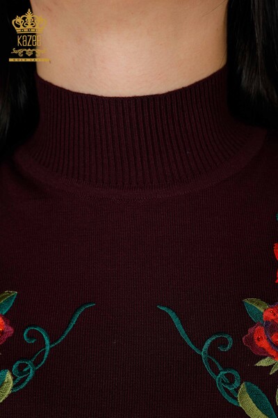 Wholesale Women's Knitwear Sweater Floral Patterned Plum - 15876 | KAZEE - Thumbnail