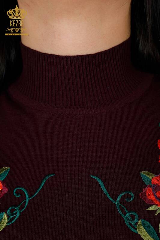 Wholesale Women's Knitwear Sweater Floral Patterned Plum - 15876 | KAZEE