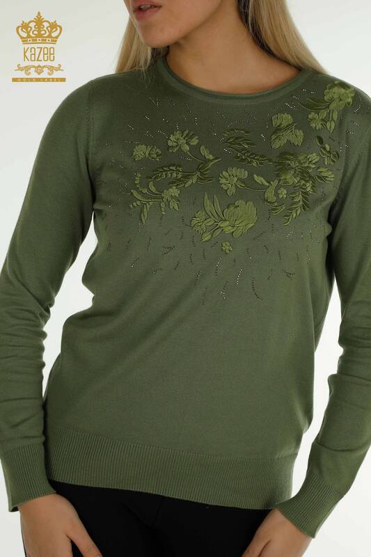 Wholesale Women's Knitwear Sweater Flower Embroidered Khaki - 16849 | KAZEE
