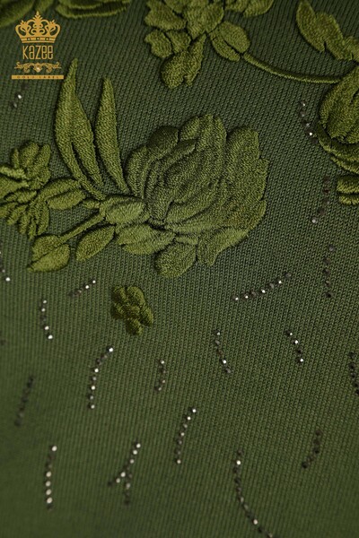 Wholesale Women's Knitwear Sweater Flower Embroidered Khaki - 16849 | KAZEE - Thumbnail