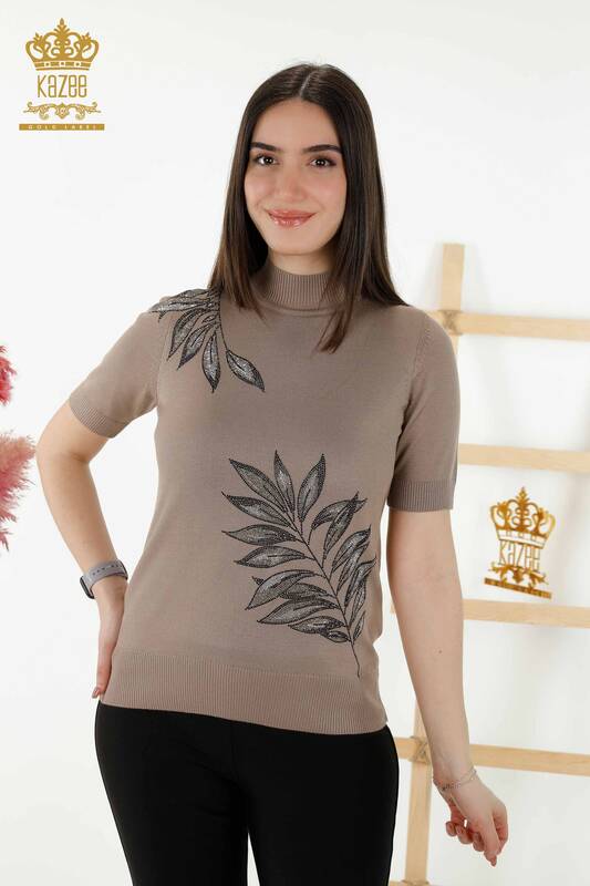 Wholesale Women's Knitwear Sweater - Leaf Patterned - Mink - 16716 | KAZEE