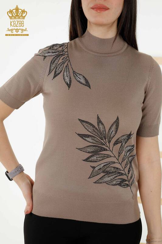 Wholesale Women's Knitwear Sweater - Leaf Patterned - Mink - 16716 | KAZEE
