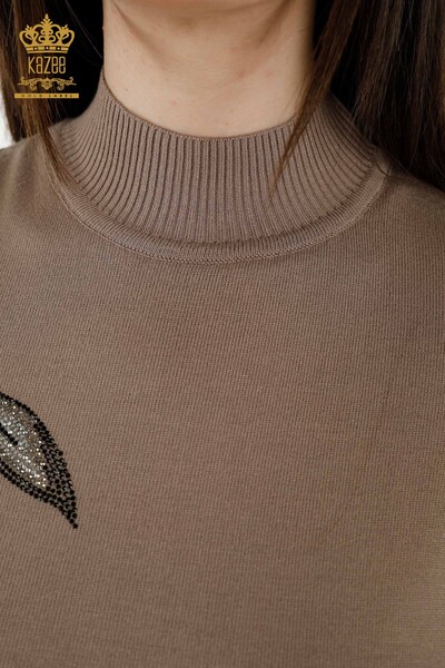 Wholesale Women's Knitwear Sweater - Leaf Patterned - Mink - 16716 | KAZEE - Thumbnail