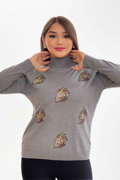 Wholesale Women's Knitwear Sweater Leopard Pattern Embroidered - 16584 | KAZEE - Thumbnail