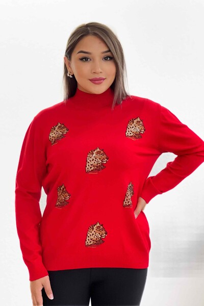 Wholesale Women's Knitwear Sweater Leopard Pattern Embroidered - 16584 | KAZEE - Thumbnail