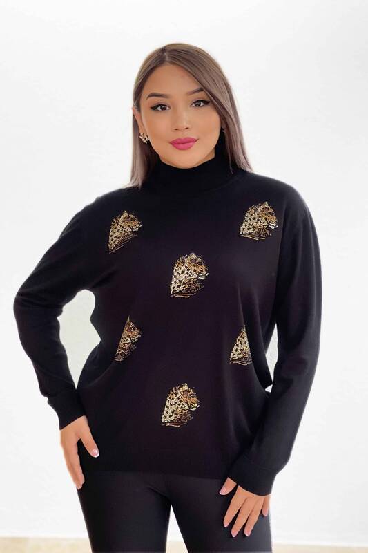 Wholesale Women's Knitwear Sweater Leopard Pattern Embroidered - 16584 | KAZEE