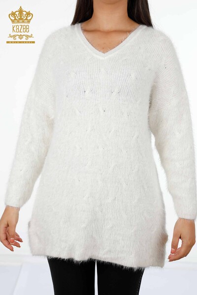 Wholesale Women's Knitwear Sweater Long V Neck Hair Knitted Basic - 19094 | KAZEE - Thumbnail