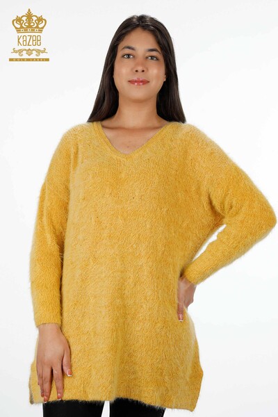Wholesale Women's Knitwear Sweater Long V Neck Hair Knitted Basic - 19094 | KAZEE - Thumbnail
