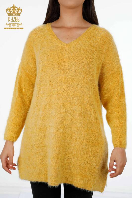 Wholesale Women's Knitwear Sweater Long V Neck Hair Knitted Basic - 19094 | KAZEE