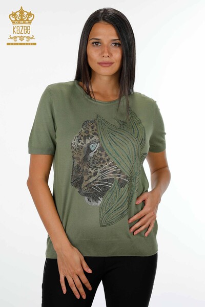 Wholesale Women's Knitwear Short Sleeve Tiger And Leaf Patterned Stone - 16949 | KAZEE - Thumbnail