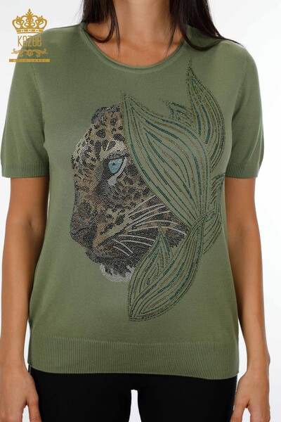 Wholesale Women's Knitwear Short Sleeve Tiger And Leaf Patterned Stone - 16949 | KAZEE - Thumbnail