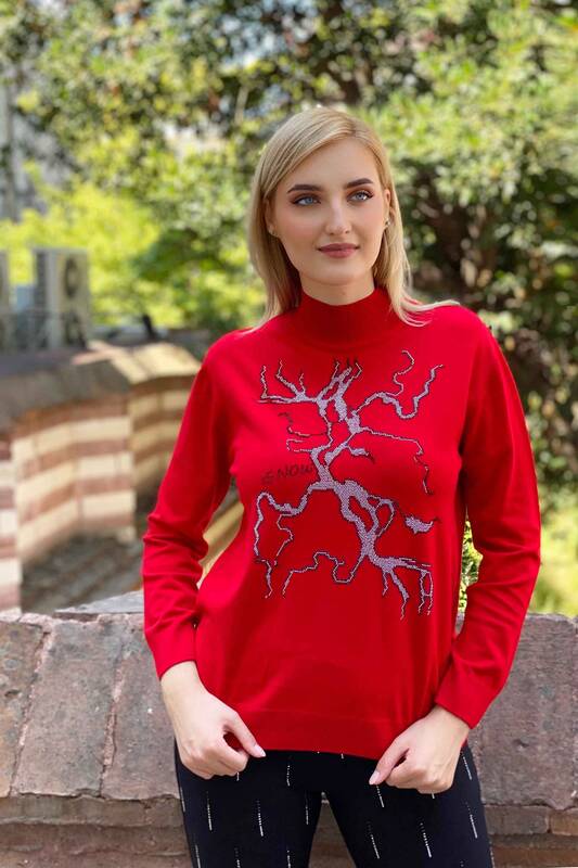 Wholesale Women's Knitwear Sweater Stand Up Collar Embroidered Stone - 16458 | Kazee